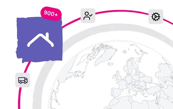 Illustration of a partial world map focusing on Europe and nearby regions with icons representing a house with '900+' label, a delivery truck, a person, and a gear, connected by a pink curved line.