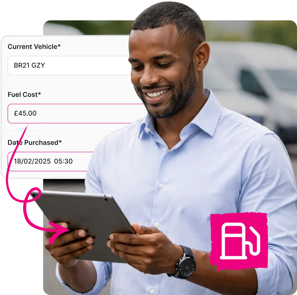 Man in light blue shirt smiling while using a tablet with an overlay showing vehicle fuel cost and purchase date, next to a fuel pump icon.