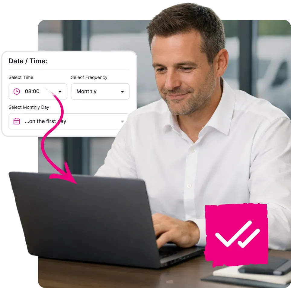 Man in white shirt working on a laptop with a scheduling interface showing time set to 08:00, frequency monthly, and selecting the first day, with a pink arrow pointing from the interface to the laptop.