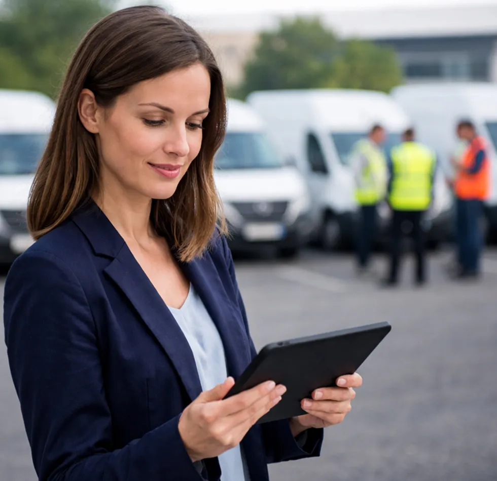 Woman in business attire holding a tablet with delivery vans and workers in reflective vests in the background.