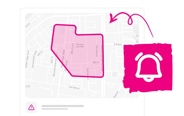 Map highlighting an area around Nirmala Girls HSS with a pink outlined zone and a bell alert icon indicating a notification or alarm.