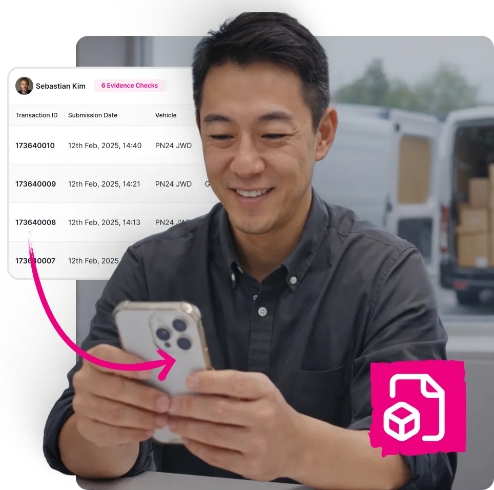 Smiling man holding a smartphone with delivery van and boxes in the background and a digital overlay showing transaction details and evidence checks.