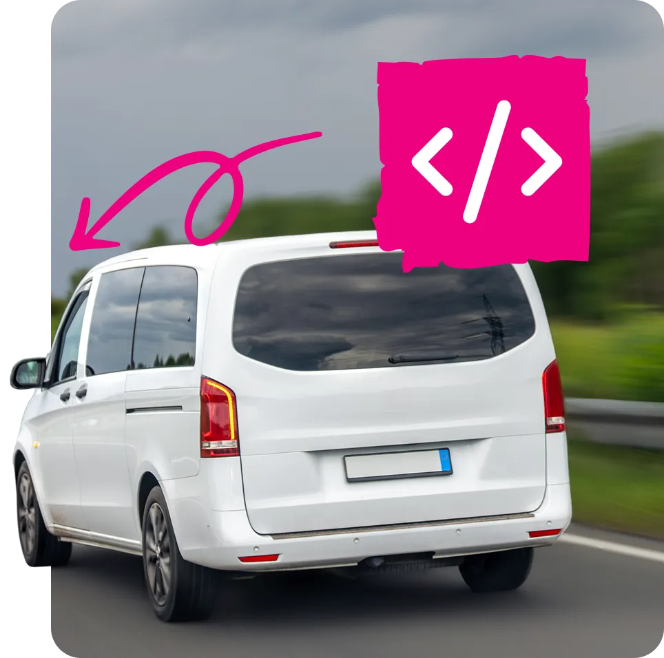White van driving on a highway with a pink arrow pointing to the side window and a pink code symbol above.