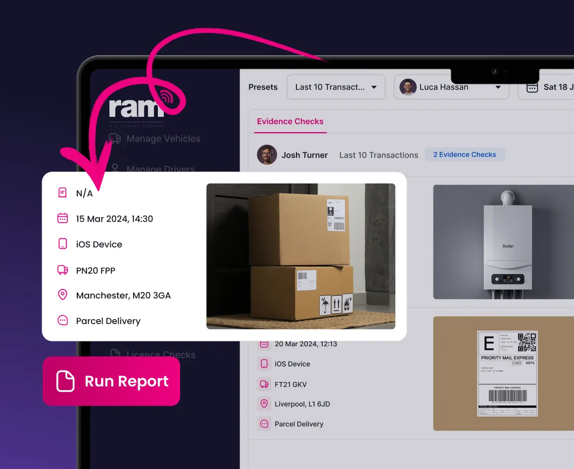 Screen showing parcel delivery details with two stacked cardboard boxes and info including date, device, vehicle, location Manchester, and delivery type.