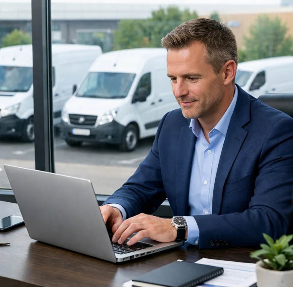 Man in blue suit working on a laptop at a desk with white delivery vans visible outside the window.