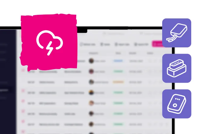 Three purple square icons on the right side of a blurred computer screen showing a dashboard; icons depict a tag with string, a box with a connector, and a device with three dots, with a pink cloud storm icon on the left.