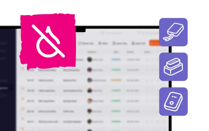 Digital interface with a pink muted microphone icon and three purple icons representing various devices aligned vertically on the right.
