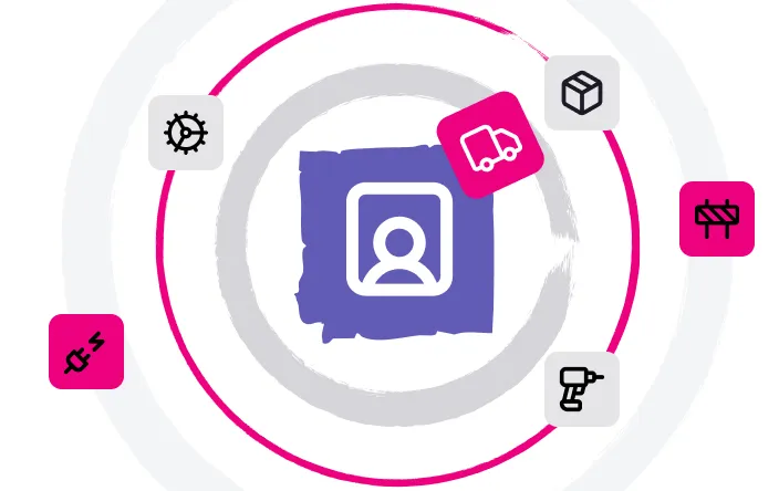 Central icon of a user profile surrounded by icons of gear, delivery truck, package, drill, plug, and barrier within concentric circles.