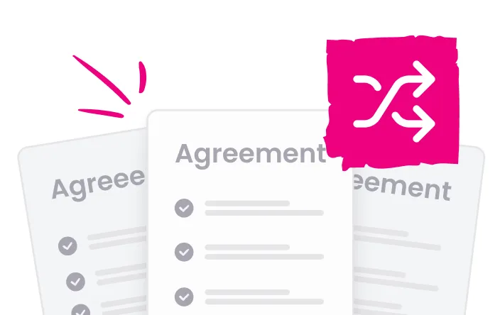 Illustration of three overlapping agreement documents with check marks and a pink shuffle icon.