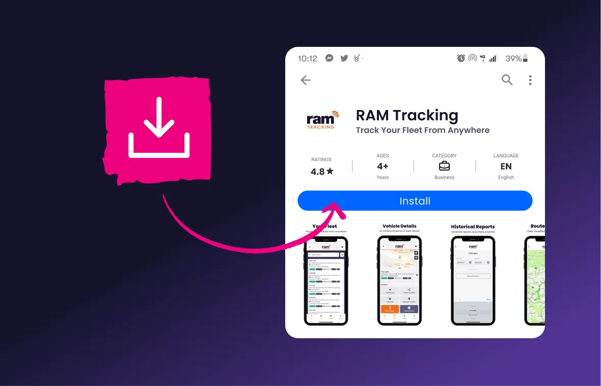 RAM Tracking app page on a mobile device showing a blue Install button, with an arrow pointing to it from a download icon.