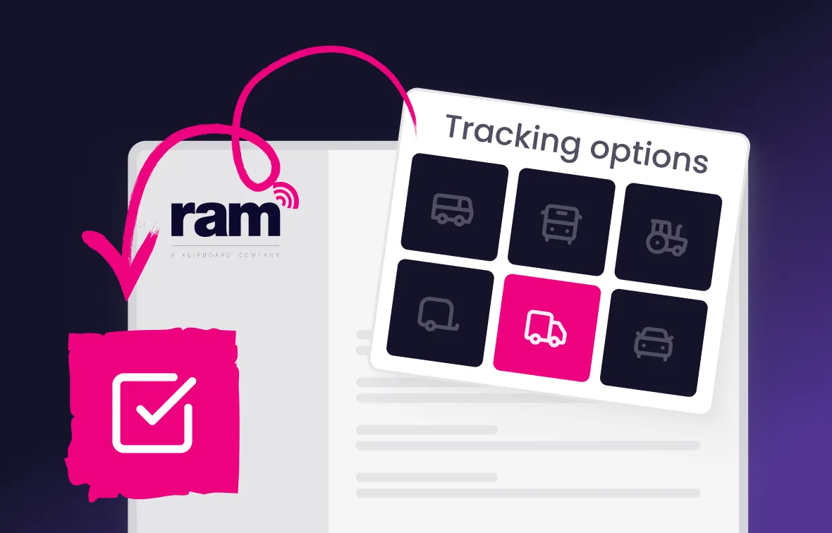 Graphic showing ram logo with a pink arrow pointing to a pink checkbox icon and a grid of vehicle icons labeled Tracking options, highlighting a truck icon.
