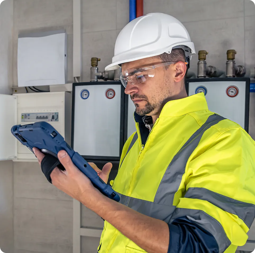 Man in yellow reflective jacket and white hard hat holding a tablet, inspecting industrial equipment with gauges.