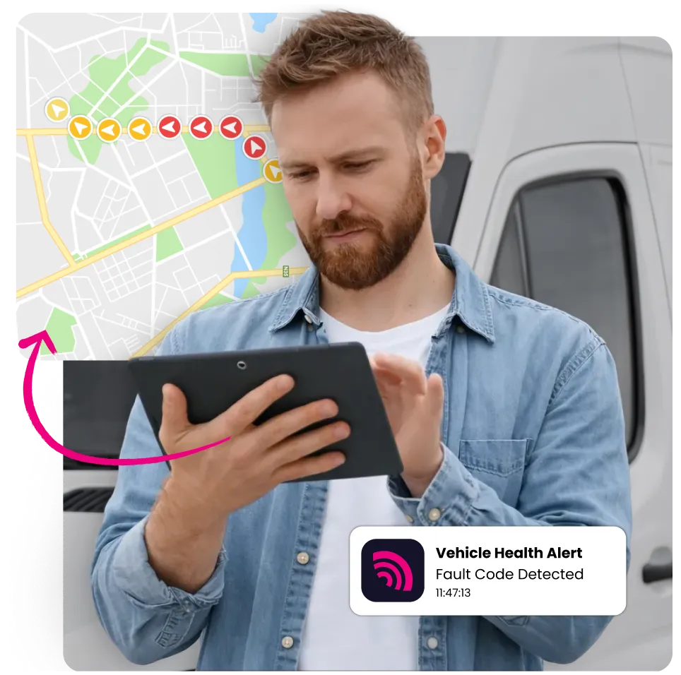 Man holding a tablet near a van, with a vehicle health alert on screen and a map showing route directions.
