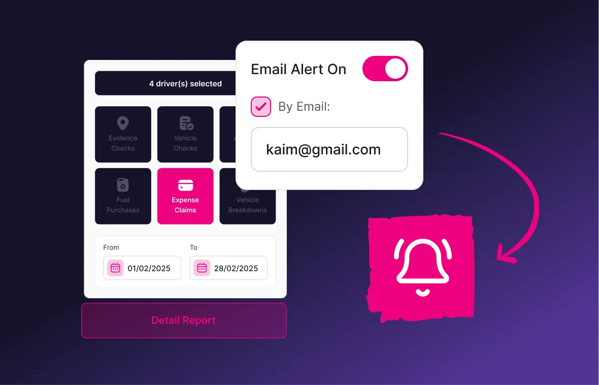 User interface showing expense claims selection for 4 drivers, date range inputs, and an email alert toggle with email kaim@gmail.com.