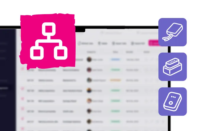Icons representing system hierarchy and connectivity beside a blurred computer screen showing a list interface.