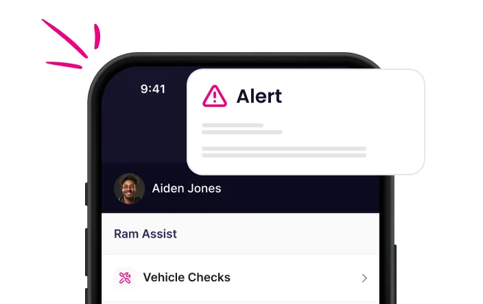 Smartphone screen showing an alert notification with an exclamation icon, user profile picture, and a menu item labeled 'Vehicle Checks'.