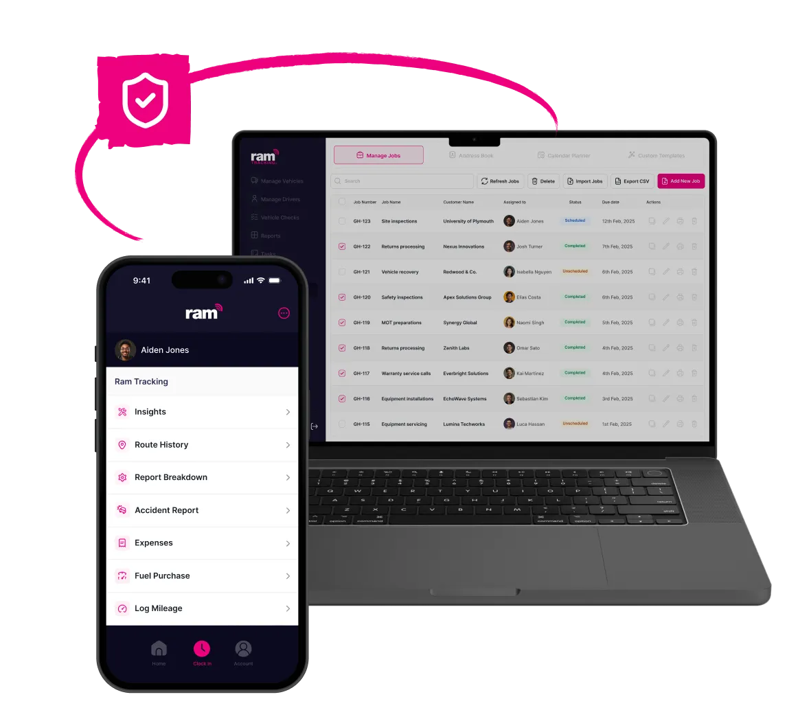 Mobile phone and laptop displaying Ram Tracking software interface with job management and reporting features.