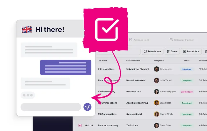 Interface showing a chat window with a greeting and a checklist icon pointing to a job management table with job names, customer names, assigned persons, and statuses like Completed and Scheduled.