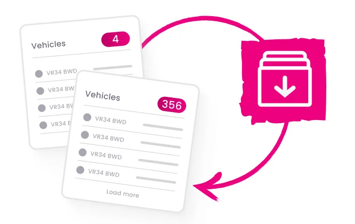 Two cards labeled 'Vehicles' showing lists with 4 and 356 items respectively, connected by circular arrows to an icon representing data download or export.