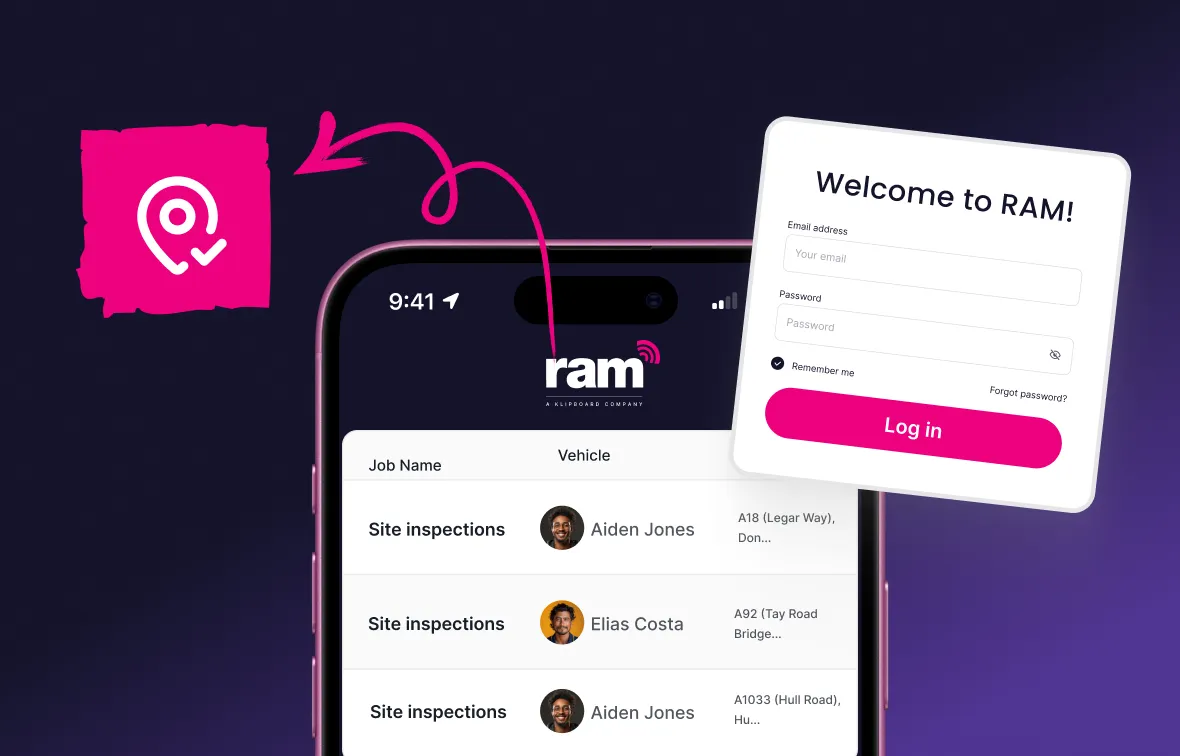 Mobile phone screen showing a site inspections list with names and locations, RAM app login form overlay, and a location checkmark icon with arrow.