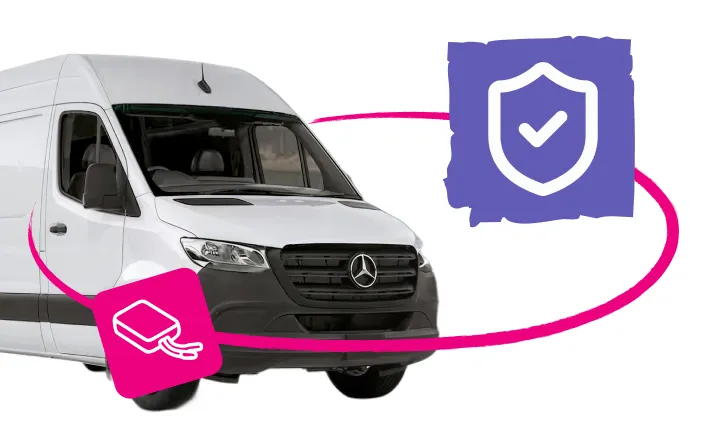 White delivery van with icons of a book connected by a pink line to a shield with a checkmark.