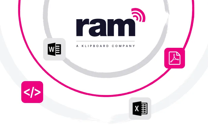 RAM logo with icons representing Word, PDF, code, and Excel surrounding it.