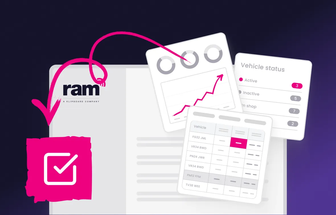 Digital dashboard featuring vehicle status and performance charts with RAM branding and pink checkmark icon.