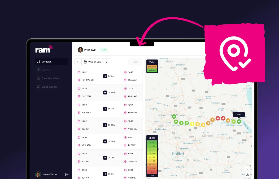 Fleet tracking dashboard displaying vehicle routes on a map with color-coded speed indicators and trip details listed by time and location.