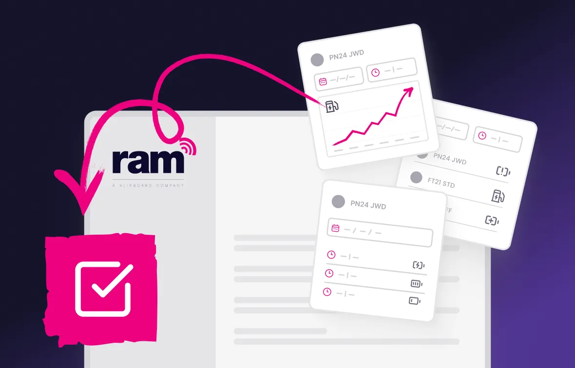 RAM company logo with a pink checkmark icon and arrow pointing to data cards showing increasing graph and schedule icons.