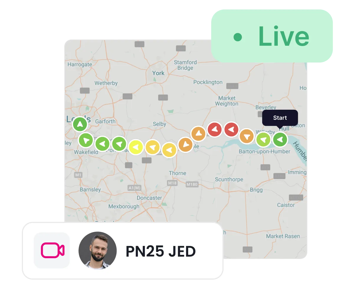 Map showing a van route with colored directional markers indicating progress from Hull to Leeds, labeled 'Live' with a driver image and ID PN25 JED.
