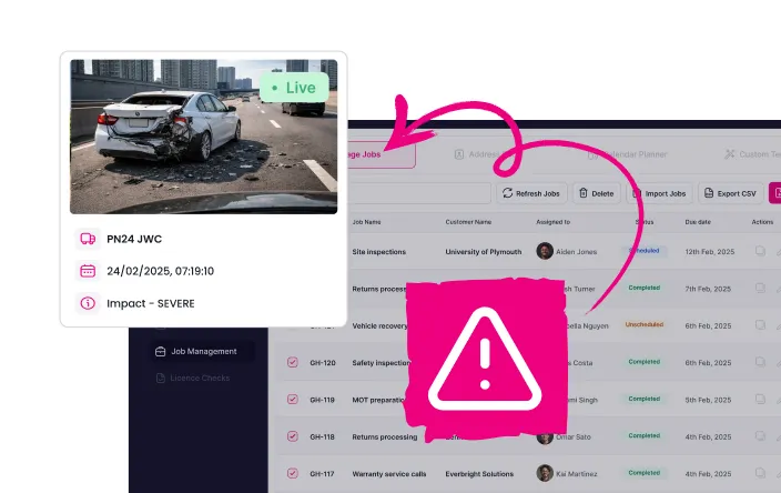 Screenshot of a damaged white car on a highway labeled 'Live' with details showing incident ID PN24 JWC, date 24/02/2025, and severity impact marked as SEVERE, overlaid on a job management software interface.