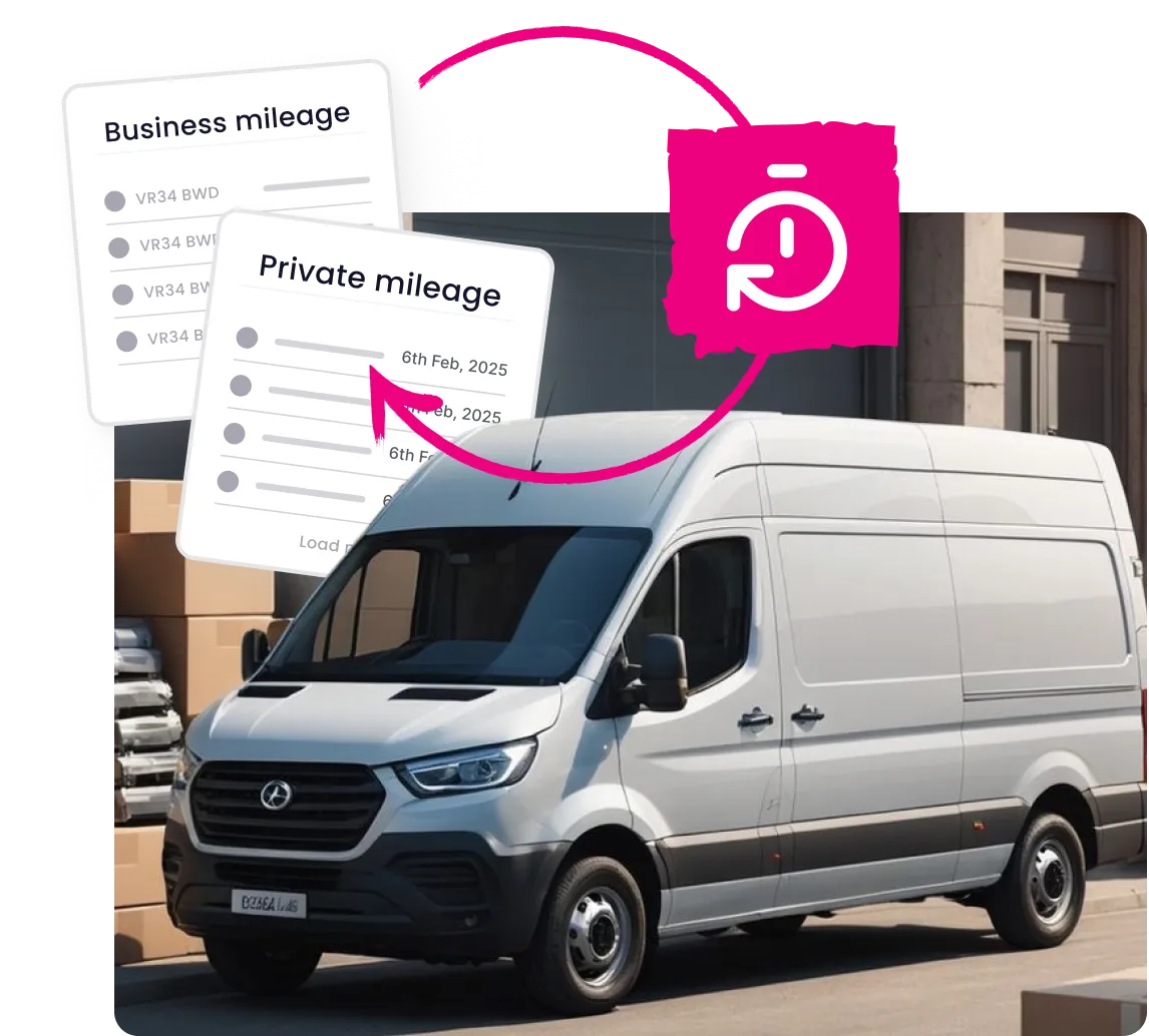 White delivery van parked outdoors with graphic showing business and private mileage lists connected by a circular arrow and clock icon symbolizing mileage tracking.