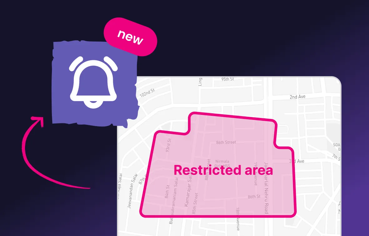 Map showing a pink outlined and shaded restricted area with an alert bell icon labeled new.