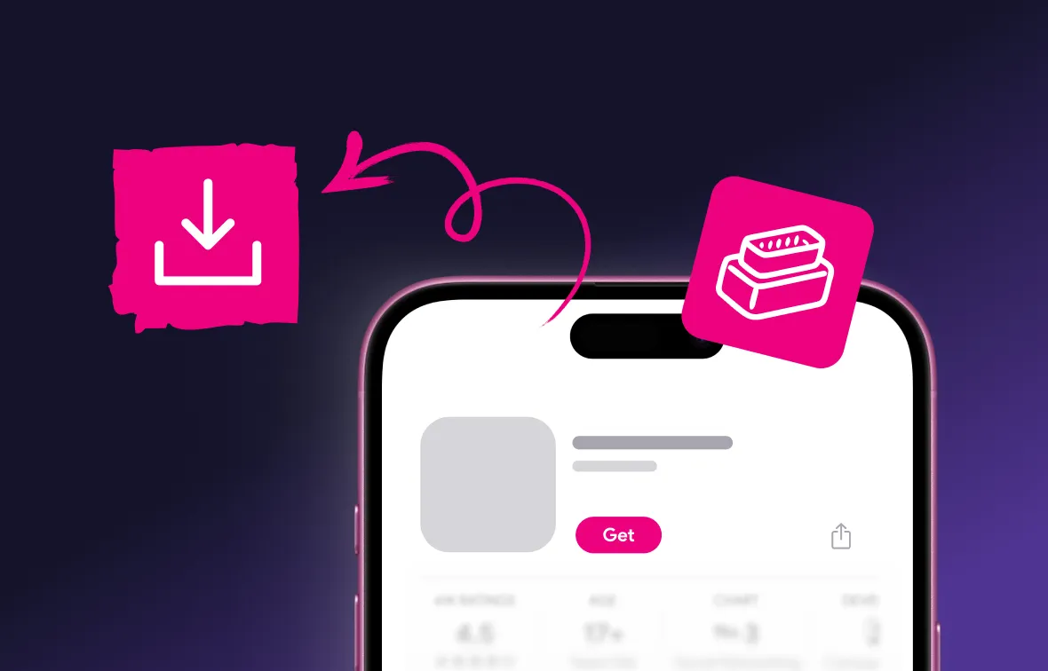 Partially visible smartphone screen showing an app download page with a pink 'Get' button, highlighted by arrows pointing to download and device icons.
