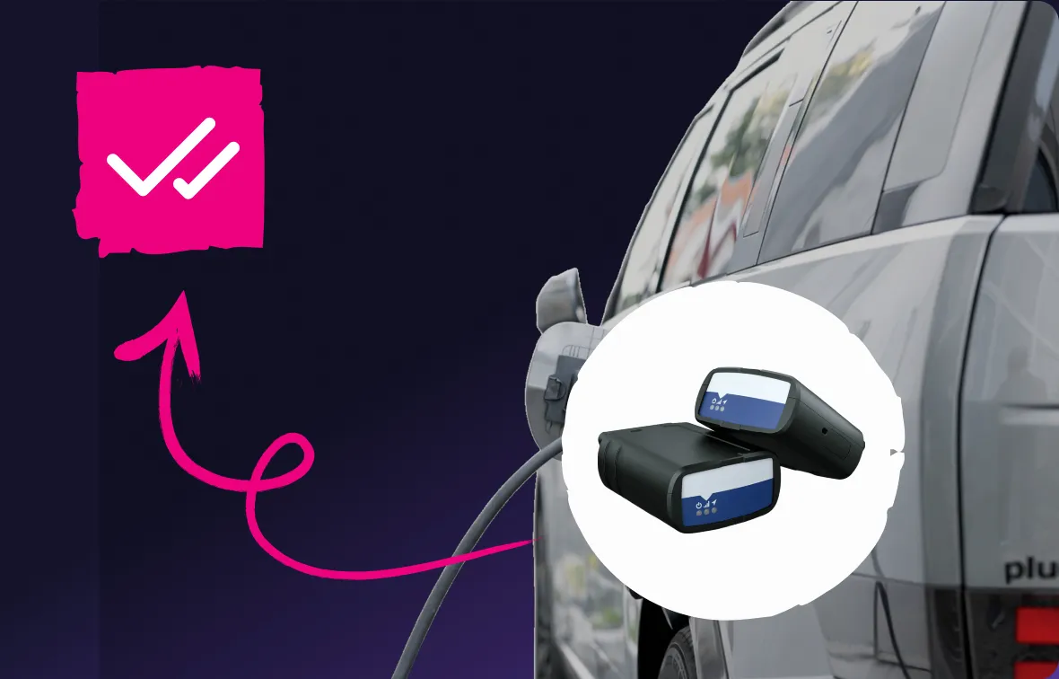 Electric vehicle charging with an inset image of two black tracking devices connected by a pink arrow to a checkmark symbol.