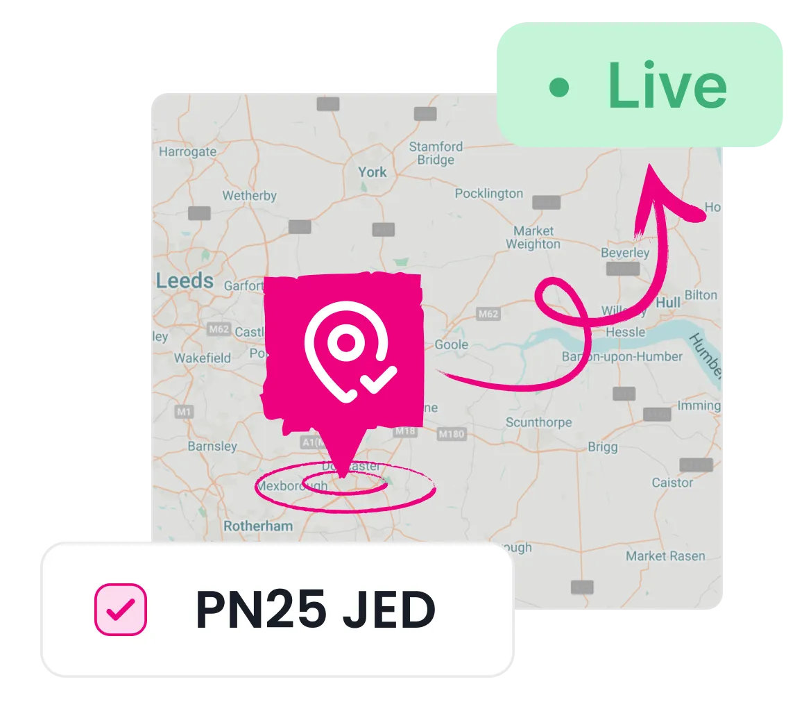 Map showing a live location marker near Doncaster with postal code PN25 JED highlighted.