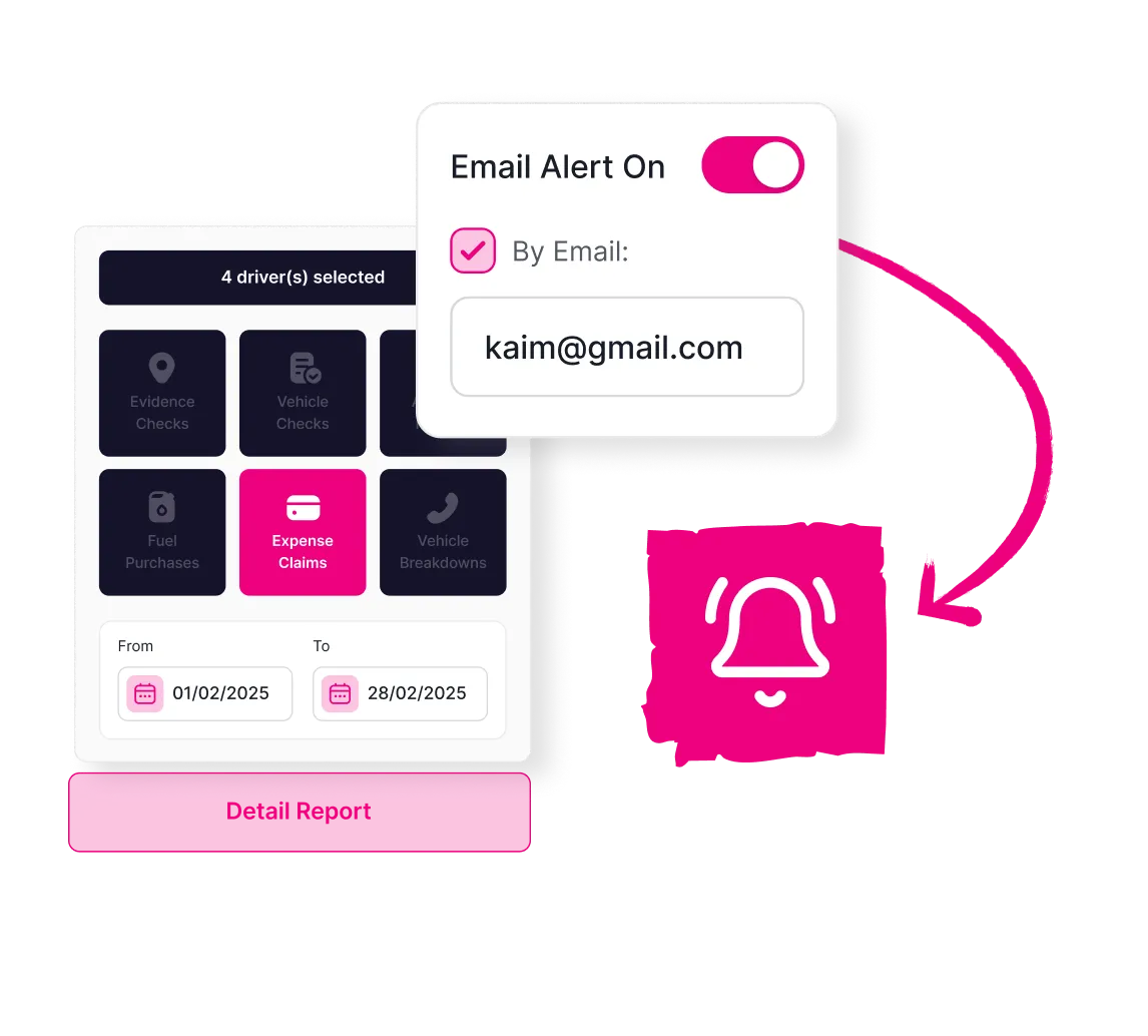 User interface showing selection of 4 drivers, expense claims option highlighted, date range from 01/02/2025 to 28/02/2025, and email alert toggle on with email kaim@gmail.com checked for notifications.