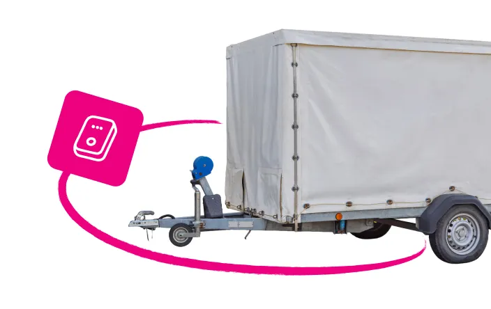 Covered trailer with a white tarpaulin and a hitch connected to a small wheel, highlighted by a curved pink line and a pink icon resembling a device control panel.