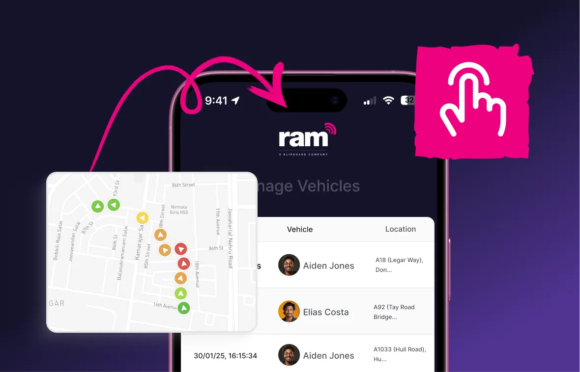 Smartphone screen showing a vehicle management app with a list of drivers and vehicle locations, and a map inset with colored location markers.