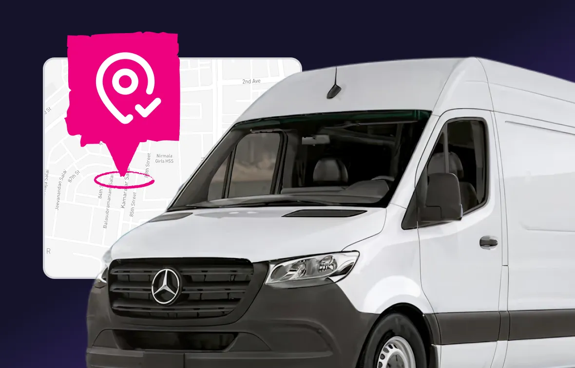 White Mercedes van with a map and a pink location pin icon in the background.