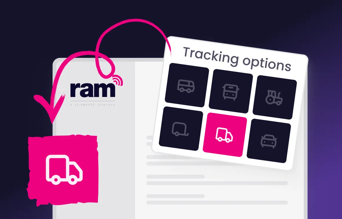 Interface showing vehicle tracking options with icons for different vehicle types and a highlighted pink truck icon.