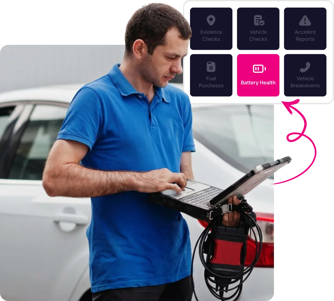 Technician in blue shirt using a laptop with diagnostic cable near a white car, highlighting battery health check option on screen.