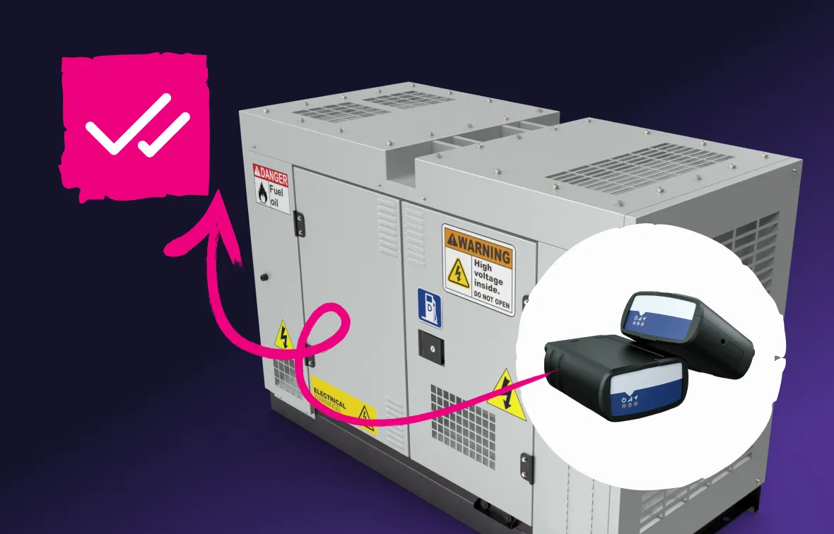 Gray industrial machine with fuel oil and high voltage warning signs, connected via a pink line to two black and blue electronic devices, highlighted in a white circle.