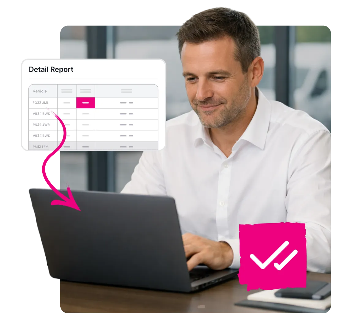 Man in a white shirt working on a laptop with an inset of a detailed vehicle report and a pink checkmark icon on the desk.