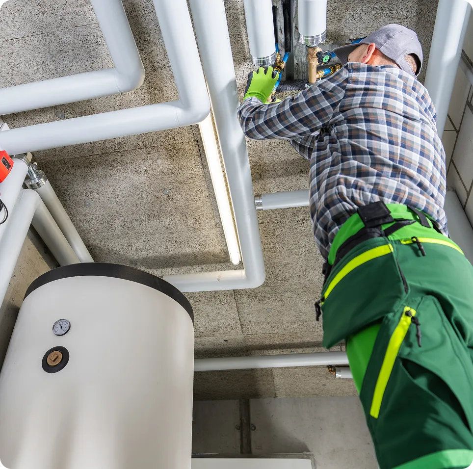 Technician wearing green work pants and a cap fixing white pipes on a ceiling in a utility room with a large water heater.
