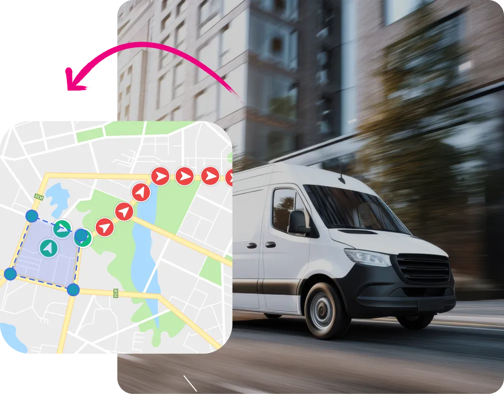 White delivery van driving fast on an urban street with a map and route illustration showing navigation overlay on the left side.