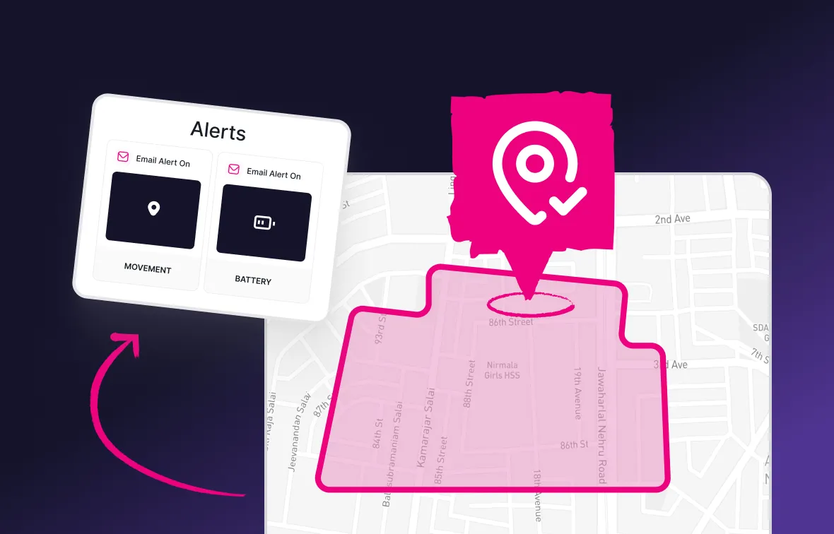 Map showing a pink geo-fence area with a location pin and an alerts box indicating email notifications for movement and battery.