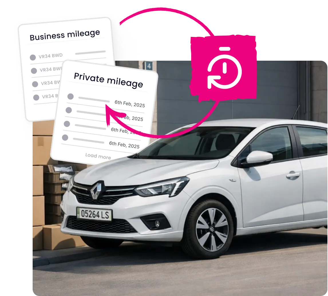 White Renault car parked beside cardboard boxes with graphics showing business and private mileage tracking dated 6th Feb, 2025.