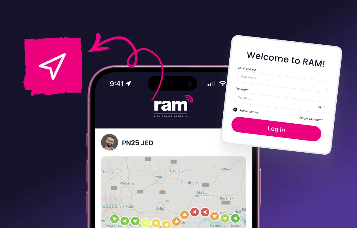 Mobile phone screen showing a RAM app with a map tracking route and a login popup asking for email and password.