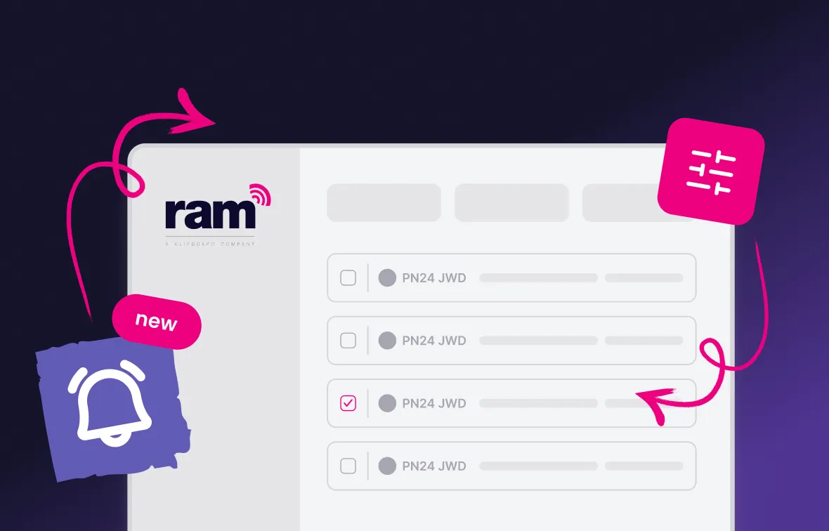 User interface showing a list with selectable items labeled PN24 JWD, highlighted checkboxes, and icons for notifications and settings, featuring the RAM company logo.